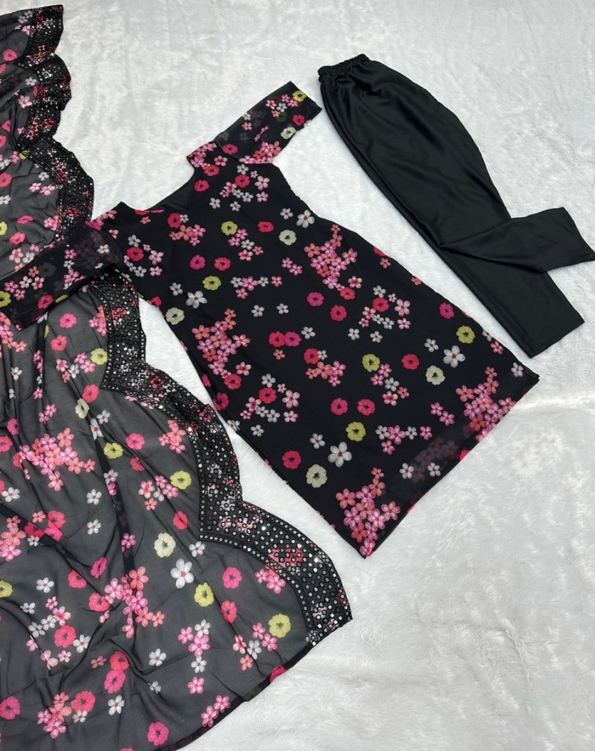 Black georgette print and sequence work pant salwar suit