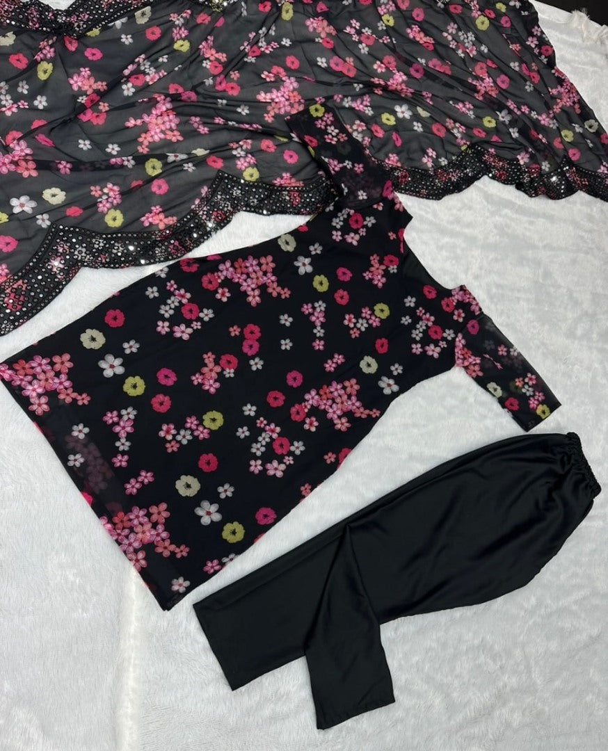 Black georgette print and sequence work pant salwar suit