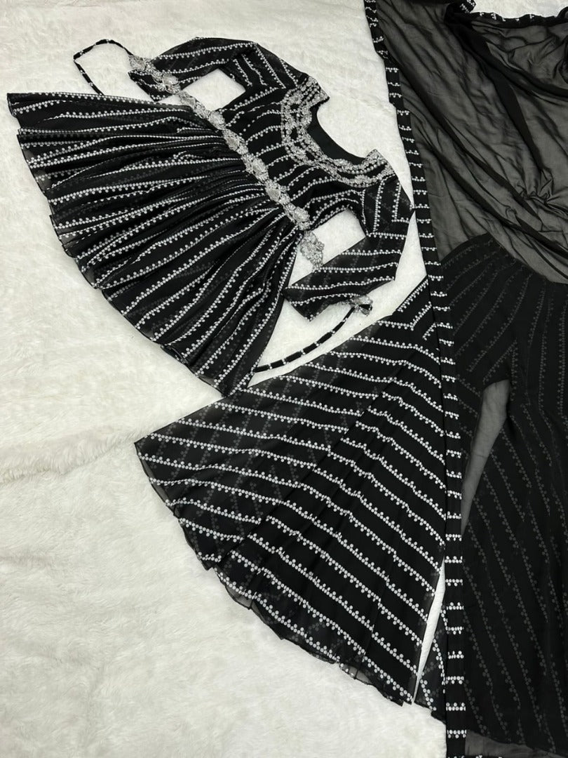 Black georgette print and sequence work party wear palazzo suit
