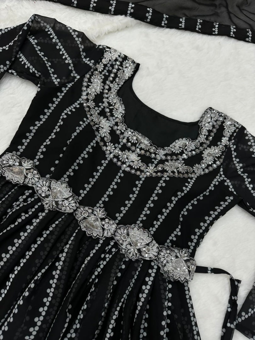 Black georgette print and sequence work party wear palazzo suit