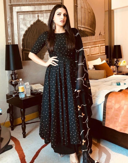 Black georgette printed anarkali suit with embroidered dupatta