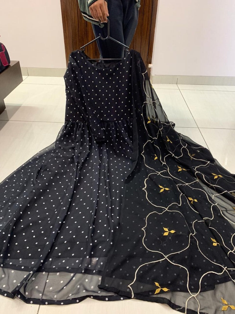 Black georgette printed anarkali suit with embroidered dupatta