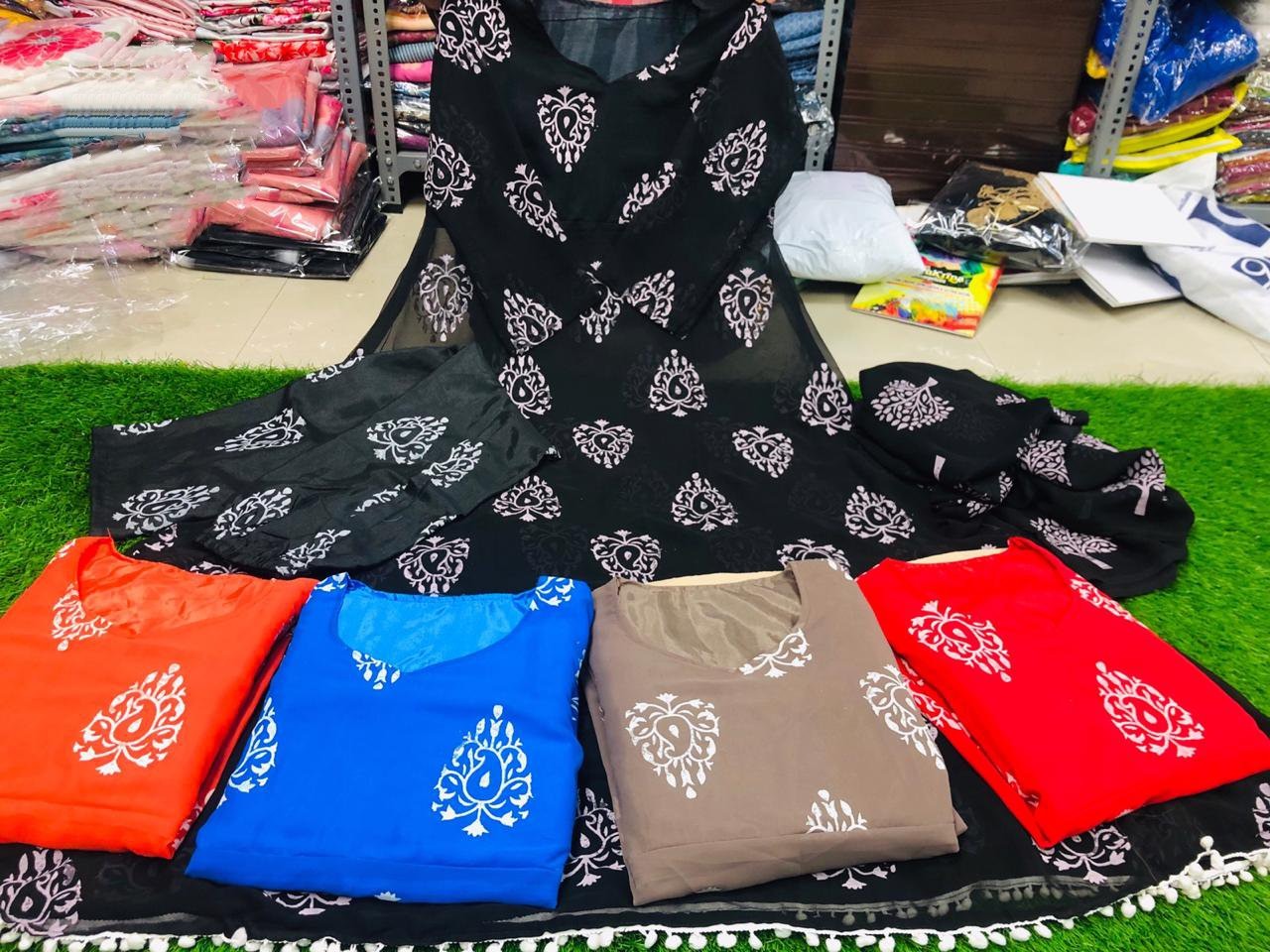 Black georgette printed kurti with dupatta