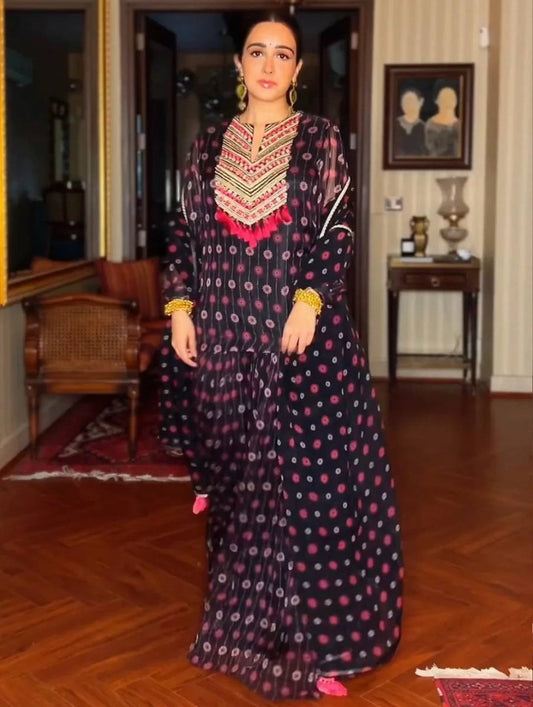 Black georgette printed party wear plazzo suit