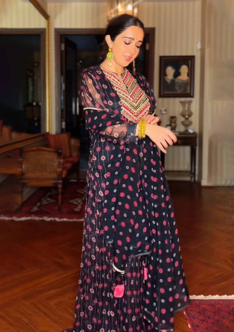 Black georgette printed party wear plazzo suit