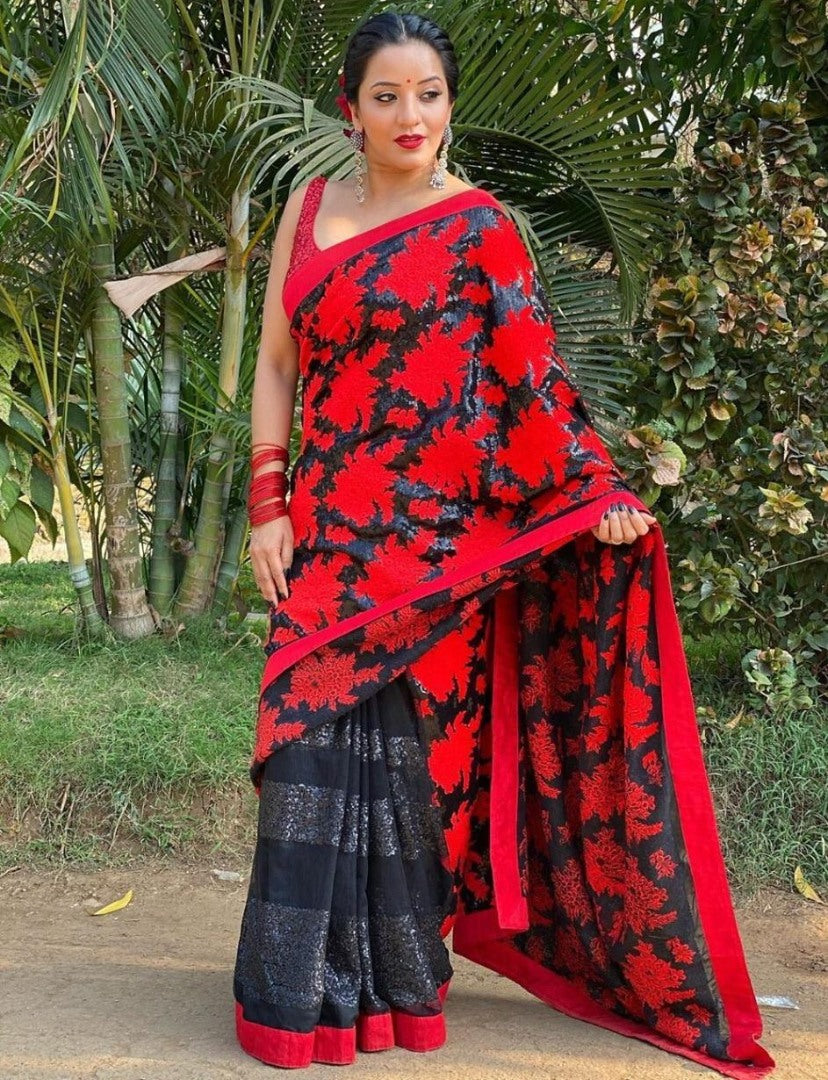 Black georgette red embroidered saree