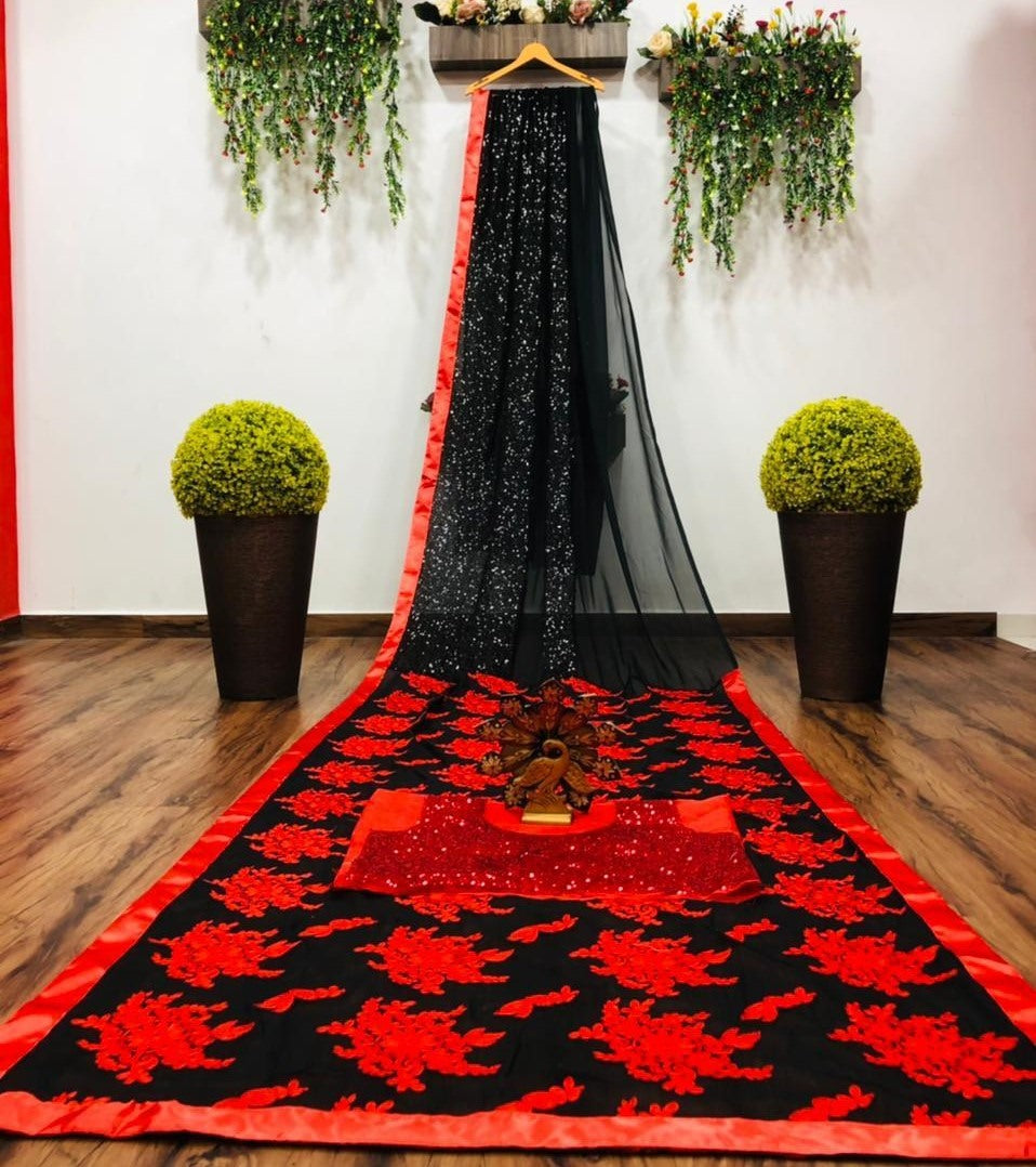 Black georgette red embroidered saree