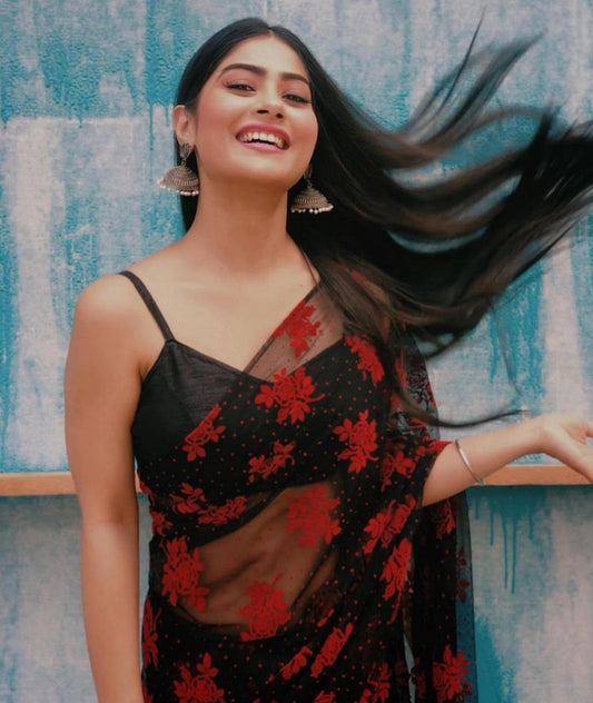 Black georgette red moti and embroidery partywear saree