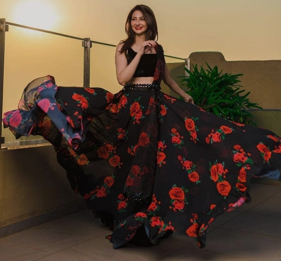 Black georgette red rose digital printed partywear lehenga