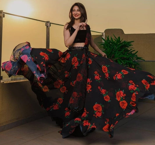 Black georgette red rose digital printed partywear lehenga