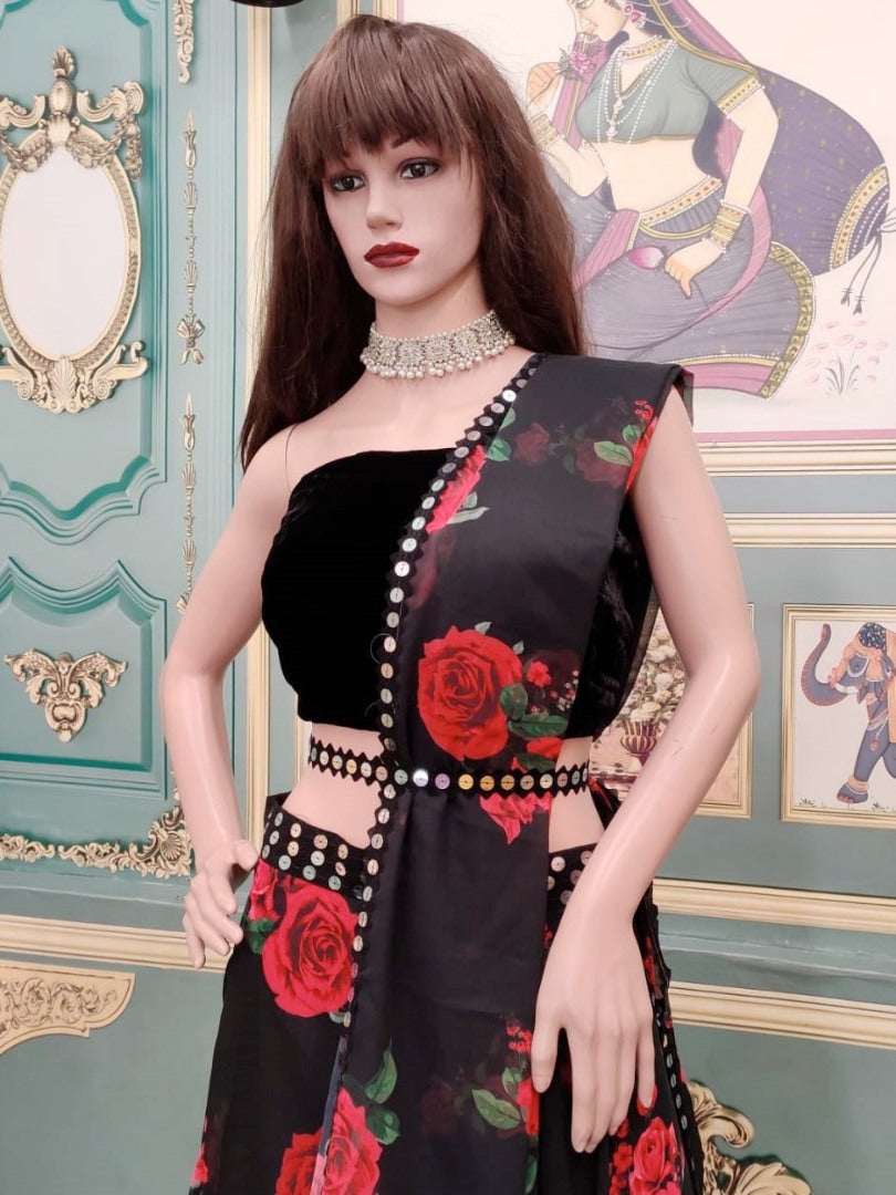Black georgette red rose digital printed partywear lehenga