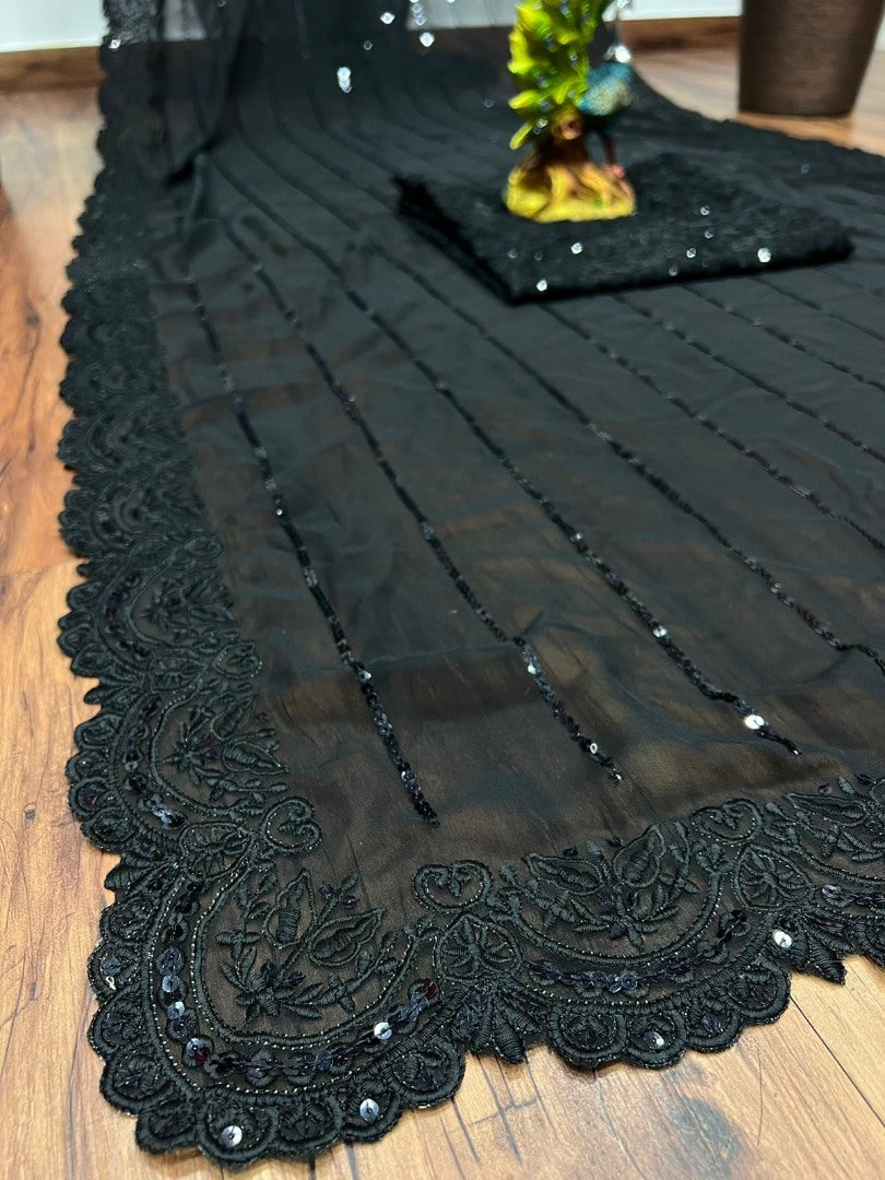 Black georgette sequence embroidered partywear bollywood saree