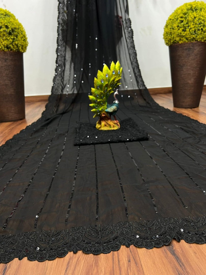 Black georgette sequence embroidered partywear bollywood saree