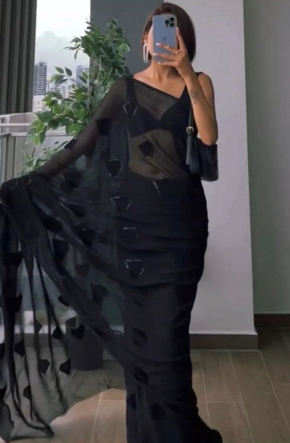 Black georgette sequence embroidered partywear saree