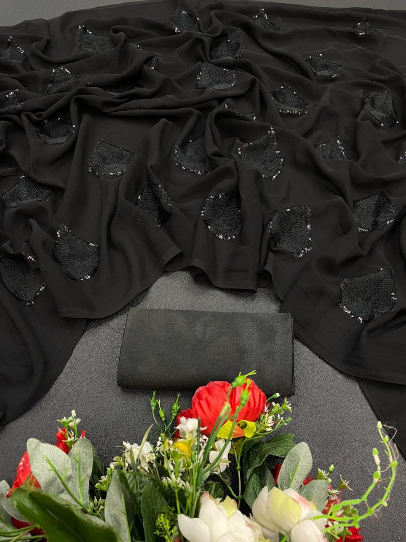 Black georgette sequence embroidered partywear saree