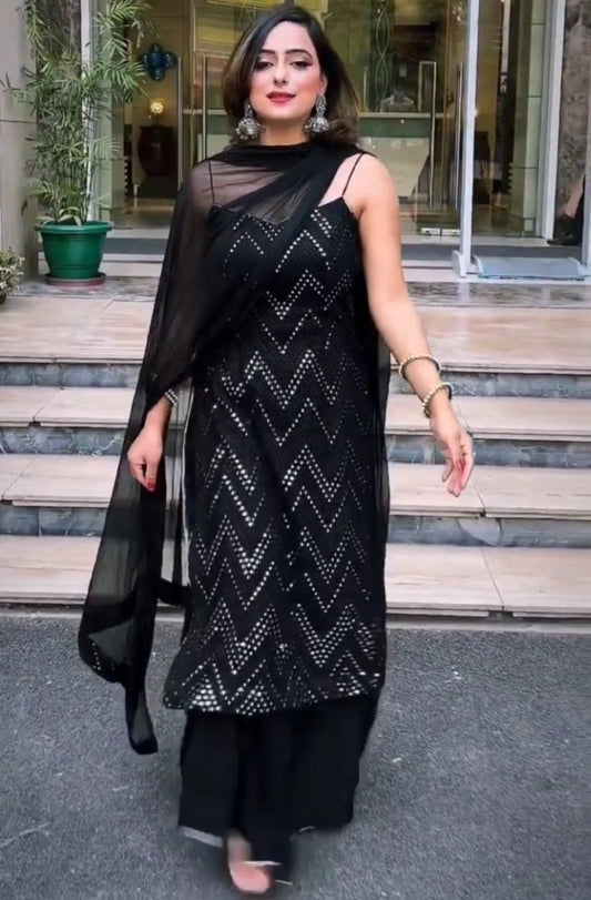 Black georgette sequence embroidery work party wear palaazo suit
