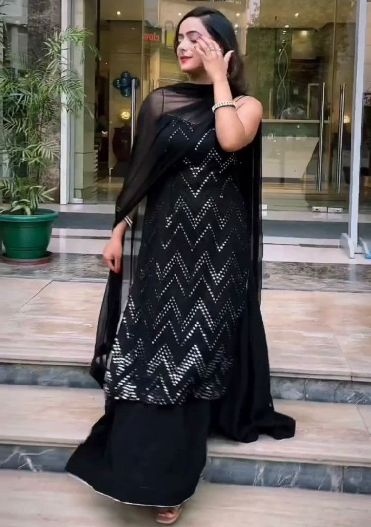 Black georgette sequence embroidery work party wear palaazo suit