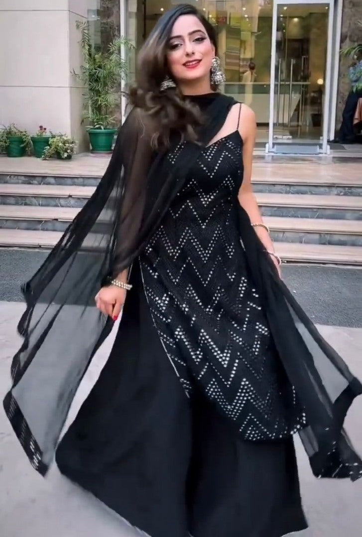 Black georgette sequence embroidery work party wear palaazo suit