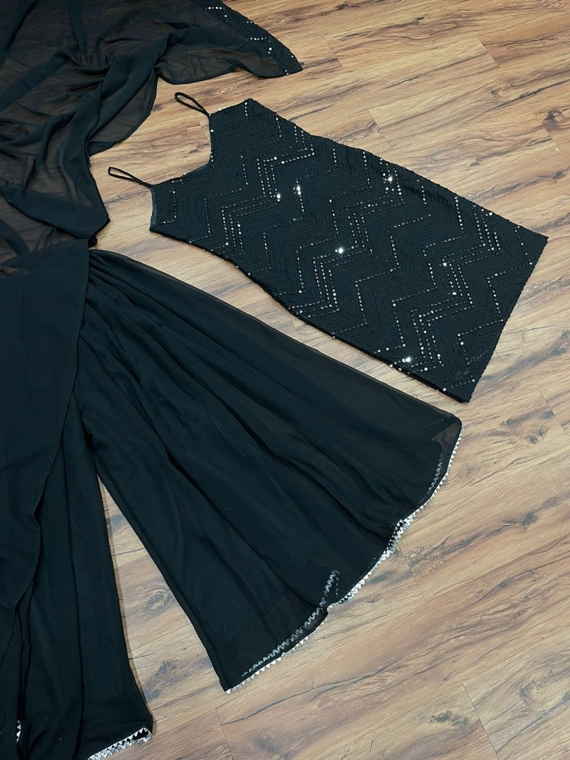 Black georgette sequence embroidery work party wear palaazo suit