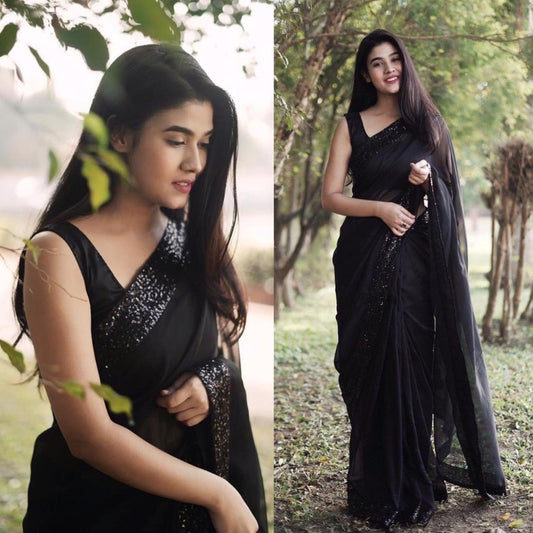 Black georgette sequence work border saree