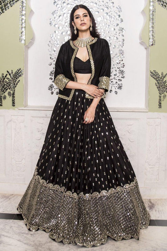 Black georgette sequence work lehenga choli with jacket