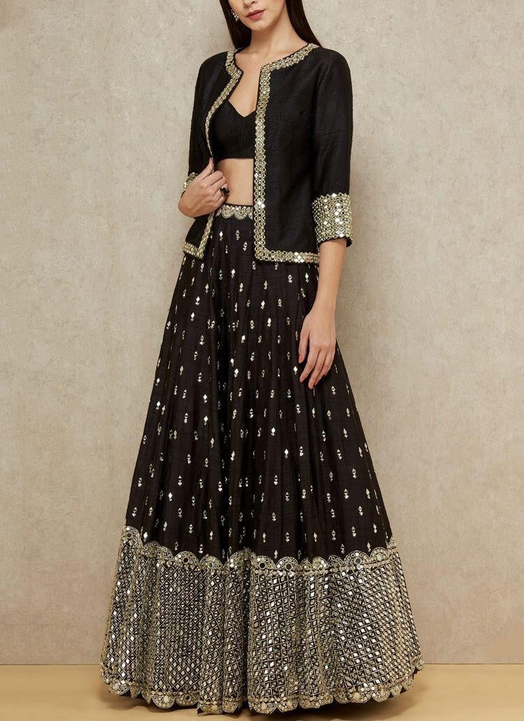 Black georgette sequence work lehenga choli with jacket