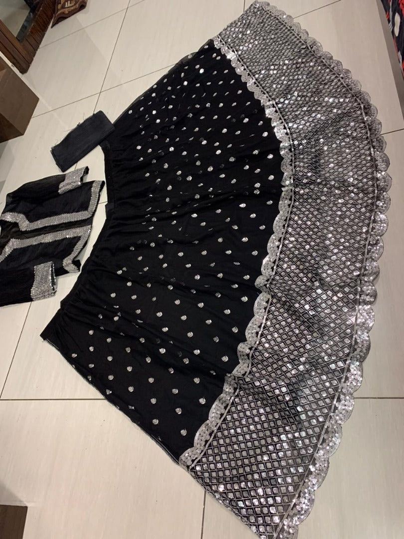 Black georgette sequence work lehenga choli with jacket