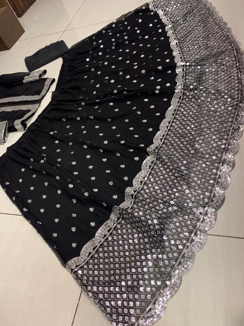 Black georgette sequence work lehenga choli with jacket