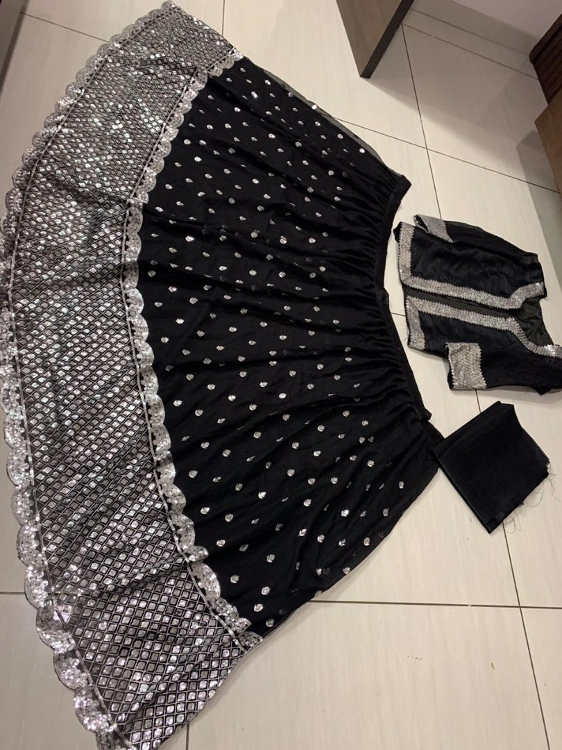 Black georgette sequence work lehenga choli with jacket