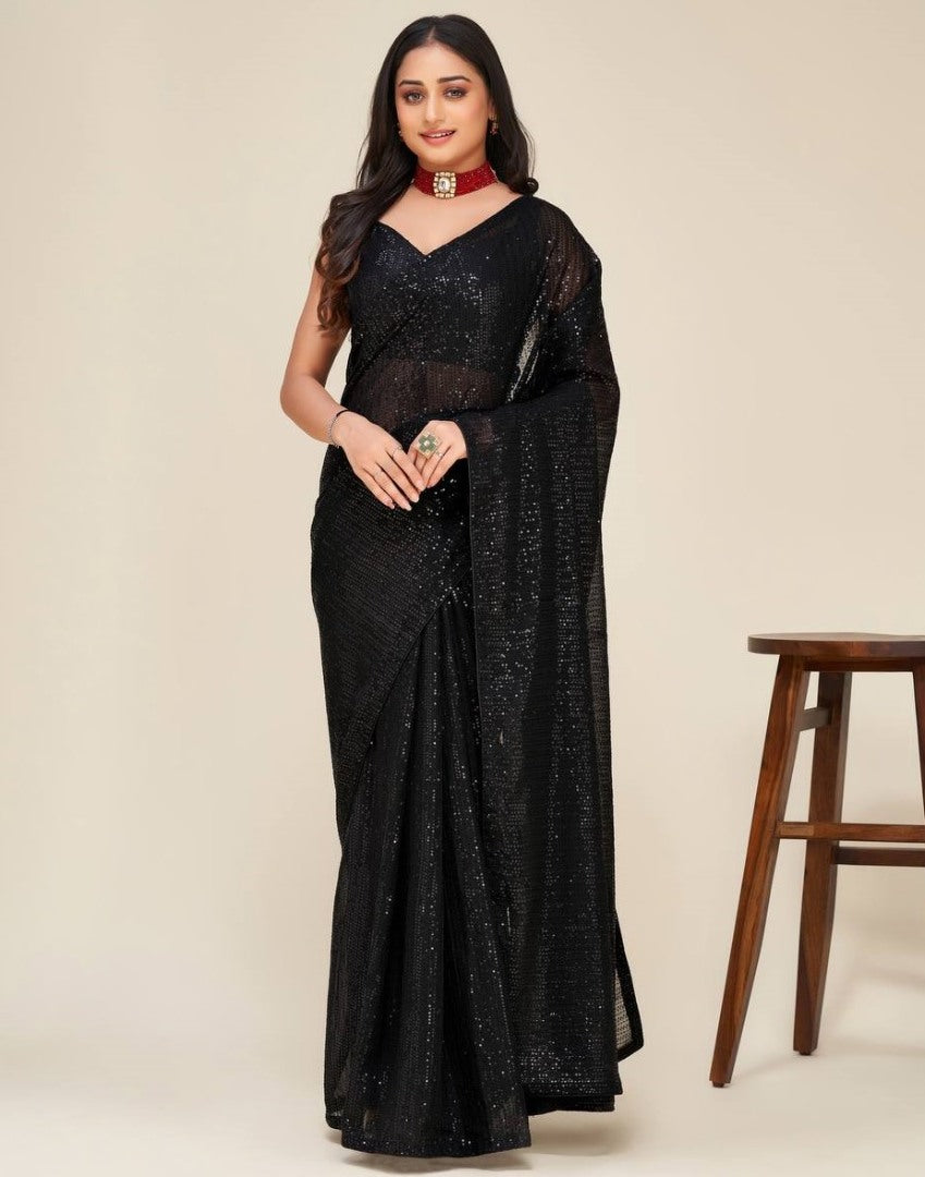 Black georgette sequence work party wear saree