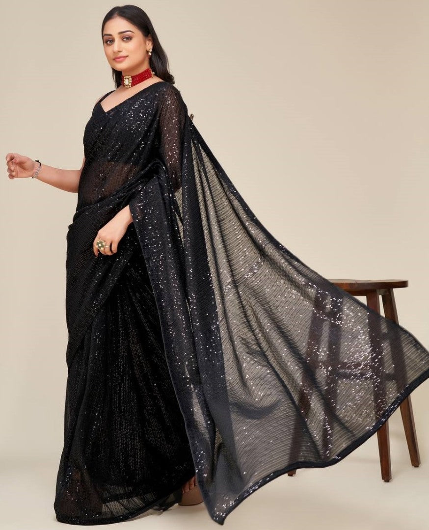 Black georgette sequence work party wear saree