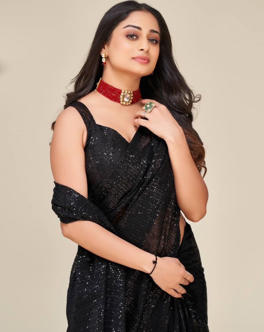 Black georgette sequence work party wear saree