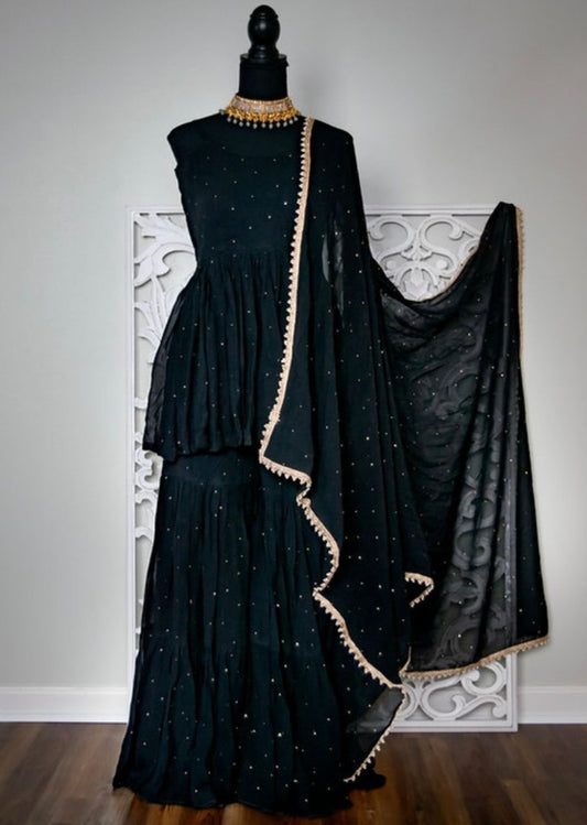 Black georgette stone work partywear sharara suit