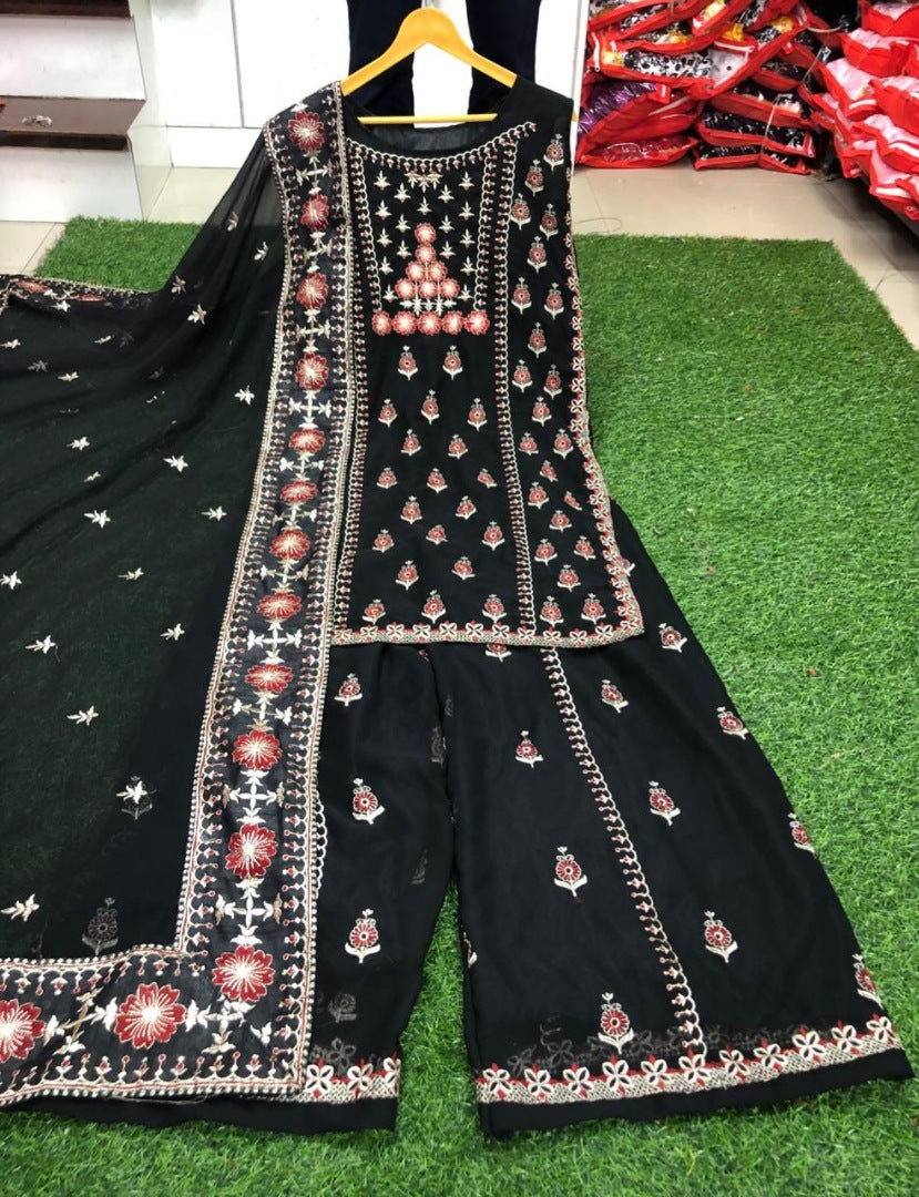 Black georgette thread embroidered plazzo salwar suit