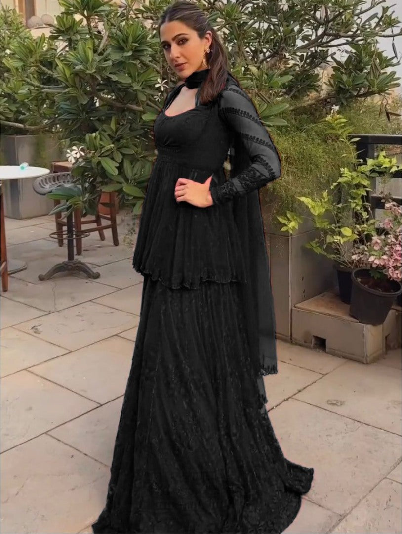Black georgette thread embroidery work sara ali designer palazzo suit