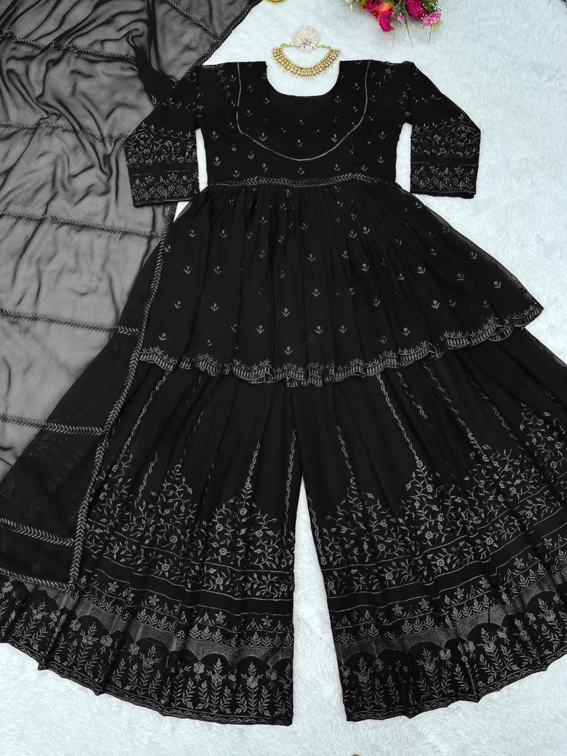 Black georgette thread embroidery work sara ali designer palazzo suit