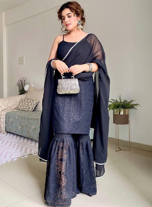Black georgette thread sequence embroidery work party wear sharara suit