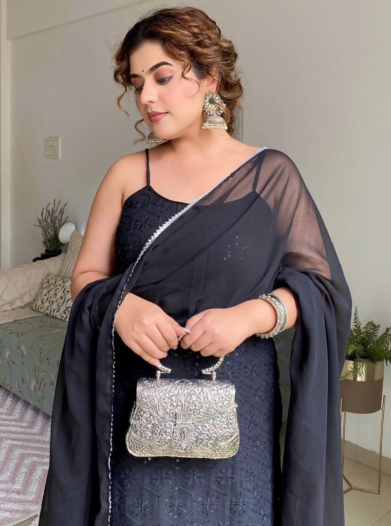 Black georgette thread sequence embroidery work party wear sharara suit