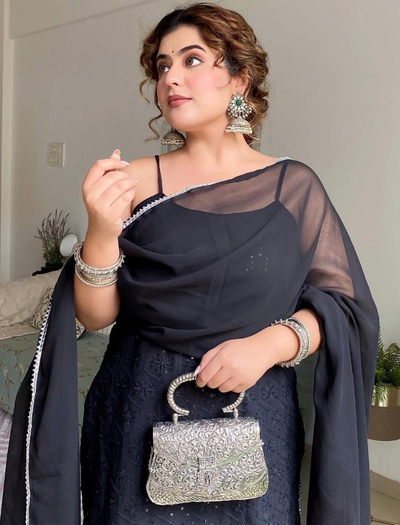 Black georgette thread sequence embroidery work party wear sharara suit