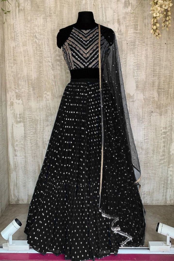 Black georgette thread sequence embroidery work partywear lehenga choli