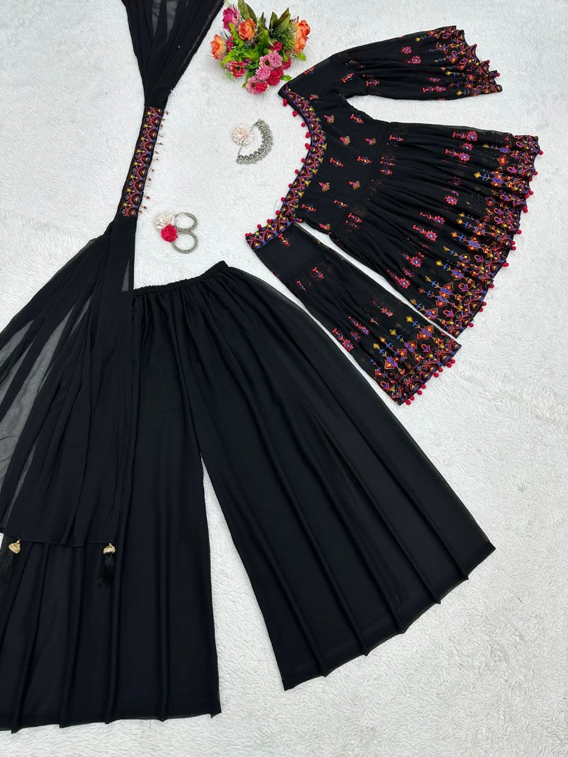 Black georgette thread sequence work designer palazzo suit