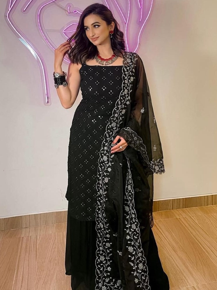 Black georgette thread sequence work designer party wear sharara suit
