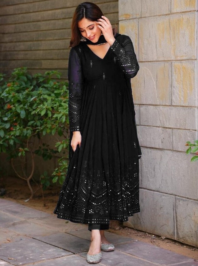 Black georgette thread sequence work party wear anarkali suit