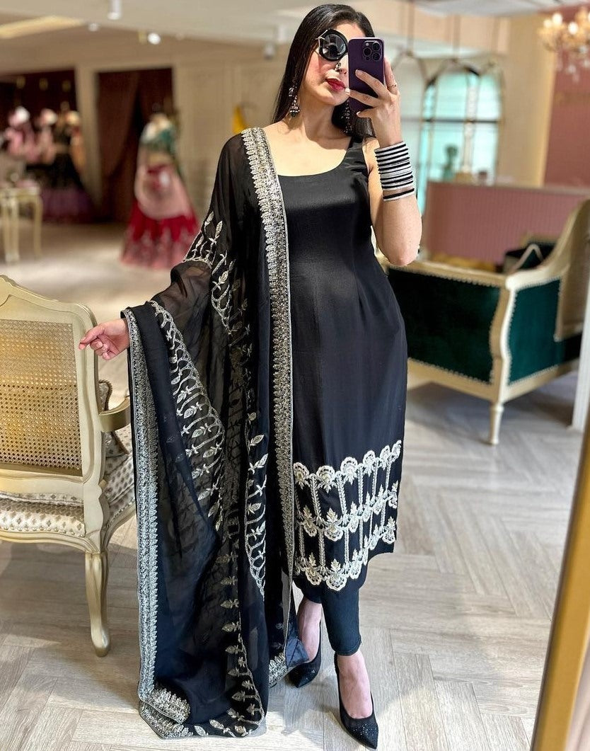 Black georgette thread sequence work party wear pant suit