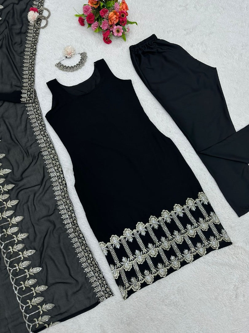 Black georgette thread sequence work party wear pant suit