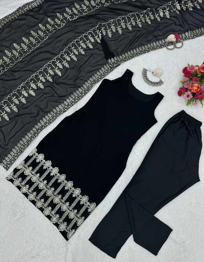 Black georgette thread sequence work party wear pant suit