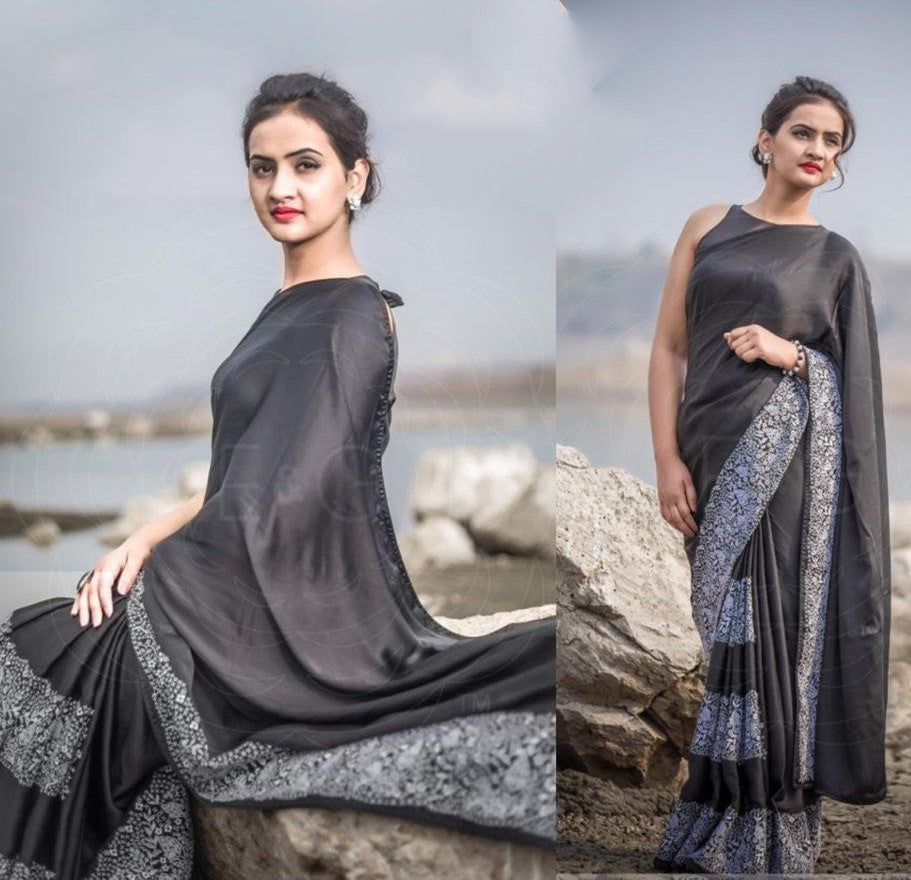 black georgette thread work emaboroidered border partywear saree