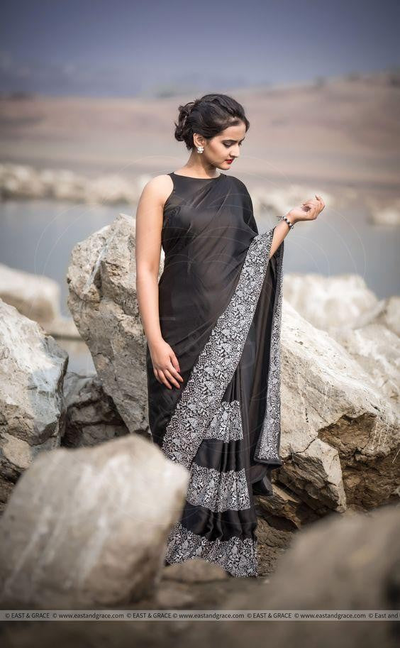 black georgette thread work emaboroidered border partywear saree