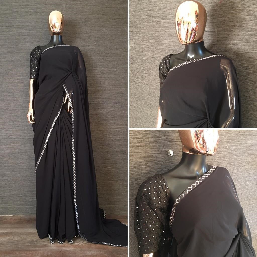 Black georgette traditional lace partywear saree