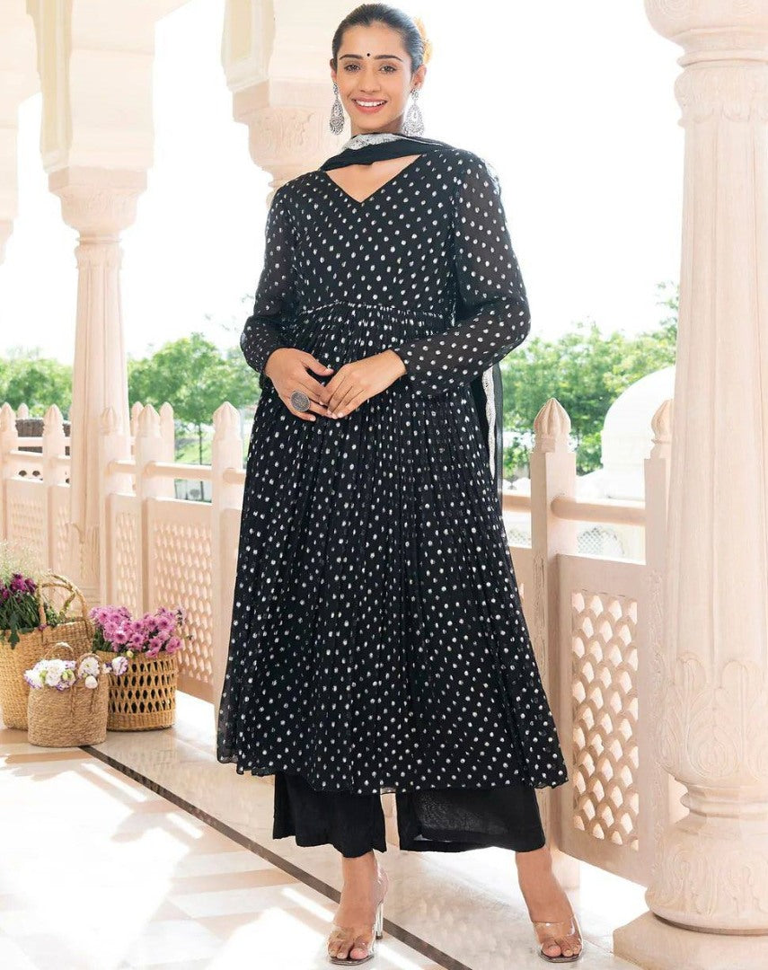 Black georgette white dot printed umbrella flair anarkali suit